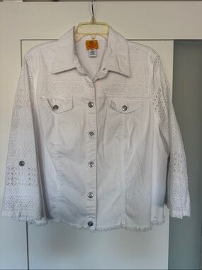 Ruby Rd. White Eyelet Crochet Trim Denim Jacket